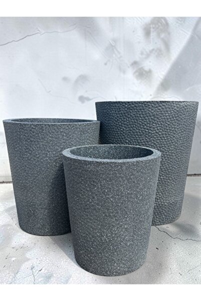 Trio Beton Görünümlü Dekoratif Plastik Saksı Şık Modern İç Dış Mekan Saksısı