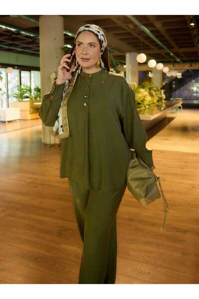 ALİA Modal Fabric Gold Button Detailed Tunic & Trousers Plus Size Set - Khaki -