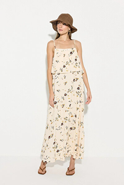 Gusto Floral Patterned Strappy Viscose Dress - Beige