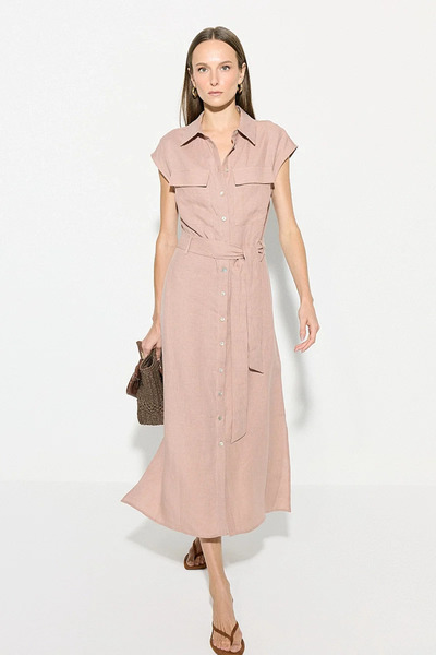 Gusto Beli Belted Linen Shirt Dress - Powder