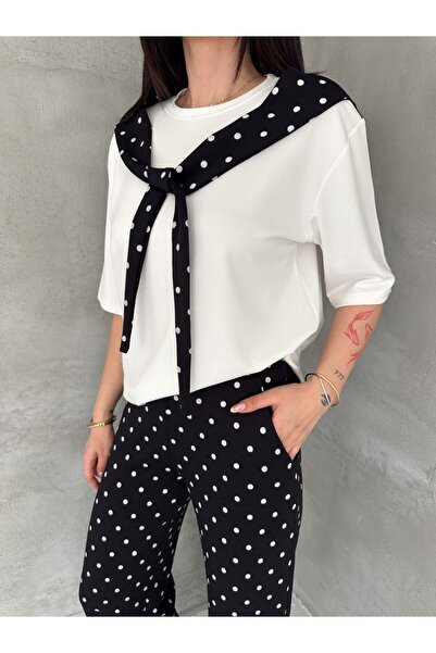 HELMİRA Women's White Black Mix Halter Neck Polka Dot 2-Piece Set Top and Bot...