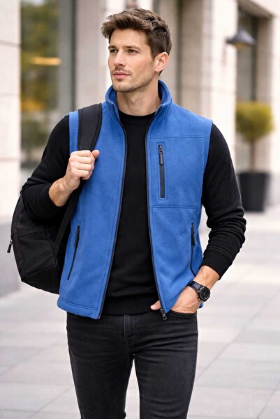 DSNM MAVİ POLAR YELEK 3 CEPLİ TAM FERMUARLI SLİM FİT ANTİ PİLLİNG TÜYLENME YAPMAZ HAVA GEÇİRMEZ SOFT SHELL POLAR YELEK