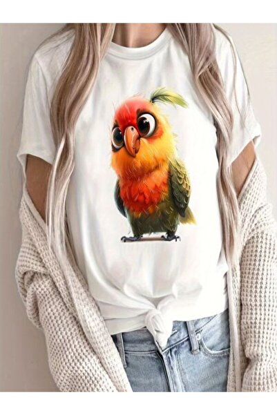 COZYWEAR تي شيرت أبيض مطبوع عليه ببغاء لطيف