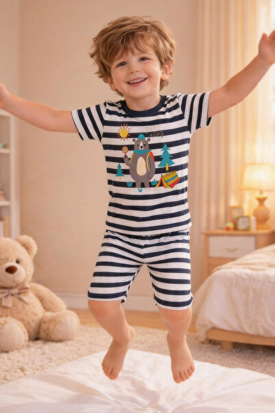 koza iç giyim Boys' Cotton Striped Printed Short Sleeve Shorts Pajama Set