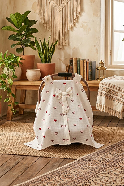 Ponchik %100 Pamuklu Müslin Puset Örtüsü Fiyonklu Büyük Kalpli - 90x100 cm Be...