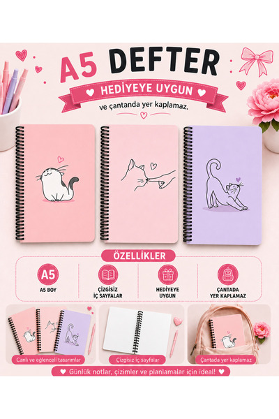 zumio A5 Spiral 3'Lü Defter Kedi Temalı | Çizgisiz Not Defteri | Günlük, Okul...