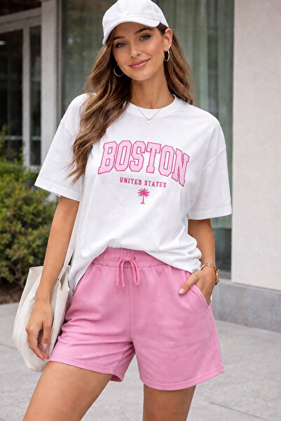 SANTAMİLA White Boston Printed T-Shirt Pink Shorts Bottom Top Set