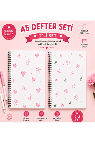 zumio 2'li A5 Spiralli Defter Seti | Çizgisiz İç Sayfa | Çiçek ve Kalp Tasarı...