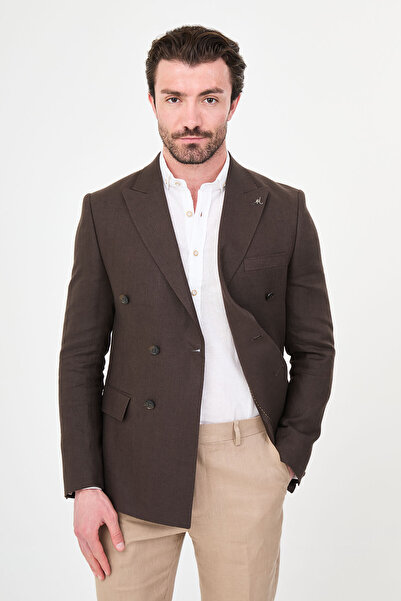 Mcr Straight Slim Fit Wide Collar Double Breasted Pocket 100% Linen Men's Jac...