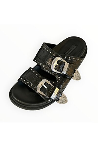 NO BRAND Women's Sandals Double Strap with Buckles Black Leather Size 40 EU