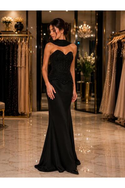 renk abiye Stone Embellished Strapless Mermaid Evening Gown and Shawl Detaile...