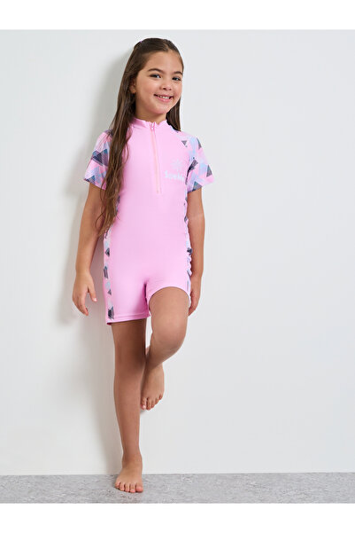 Styli Girls Side Panel Print Swimsuit with Quarter Zip
