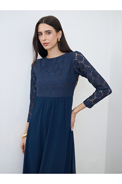 Styli Navy Blue Lace Sleeves A-Line Maxi Dress
