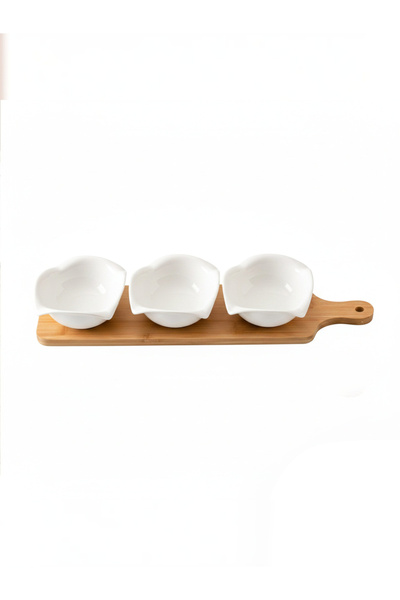 Shallow By Styli 3-Piece Round Porcelain Bowls with Bamboo Stand, 12cm