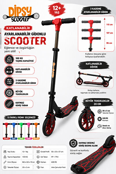 DoruCO Dipsy Katlanabilir Alüminyum Scooter – Ayarlanabilir Gidonlu, 100 Kg T...