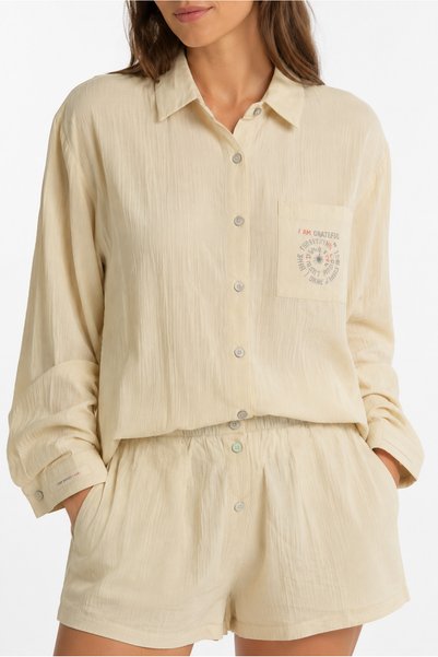 Tusebu Set de pijamale pentru femei din bumbac organic, culoare ecru, cu guler tip cămașă și pantaloni scurți cu buzunare