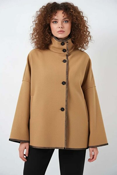 ALFA AKSESUAR 03 Women's High Collar Embroidered Edge Detailed Cotton Mustard...