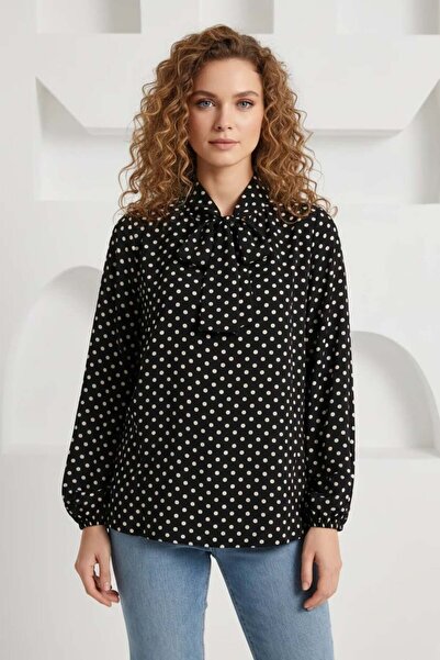 ALFA AKSESUAR 03 Women's Scarf Collar Polka Dot Black Blouse