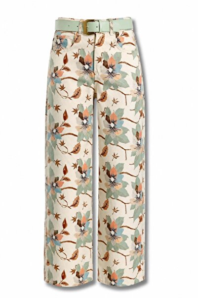 5in1Canpolat Ecru Belted Floral Patterned Jeans 0052