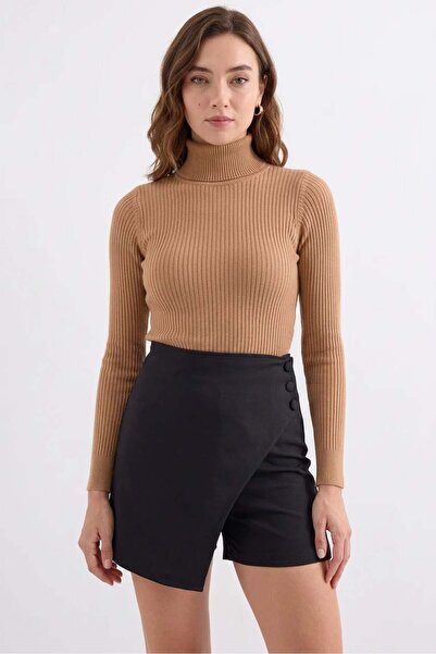 Generic Brand Women's Turtleneck Fit Cut Knitwear Beige Sweater