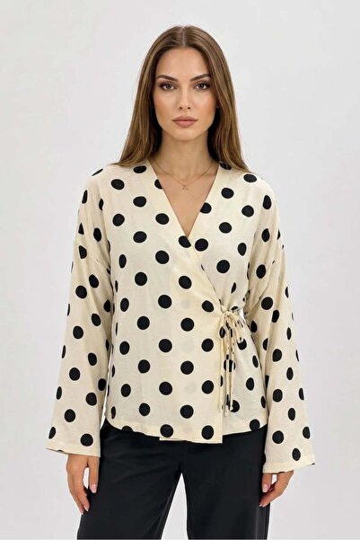 Generic Brand Women's V-Neck Belted Polka Dot Viscose Cream Blouse