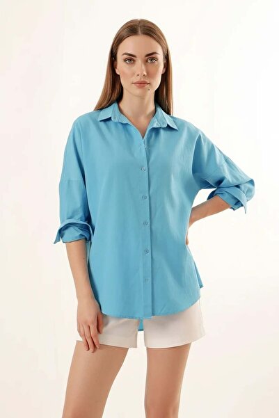 Generic Brand Women's Long Sleeve Basic Oversize Cotton Dark Blue Shirt
