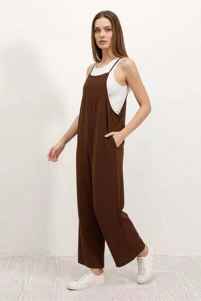 ALFA AKSESUAR 03 Women's Brown Jumpsuit with Strap Pocket Detail