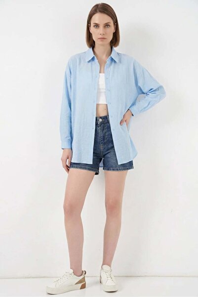 Generic Brand Women's Oversize Cut Cotton Blue Shirt