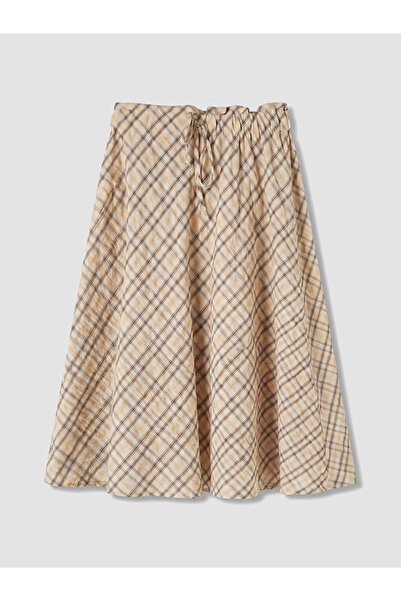 LC Waikiki Ecru Elastic Waist Plaid A-Line Skirt