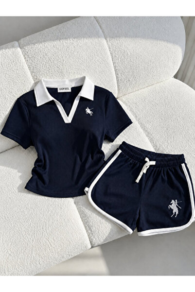 Gofeel Lacivert Polo Yaka Likralı Nakışlı Bluz & Şort Takım