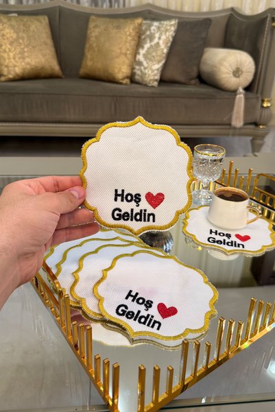 Mutfiko 6 Pieces of Gold Embossed Welcome Presentation Napkins, Coffee Serving Napkins, Decorative Coasters, Cocktail and Treat Napkins