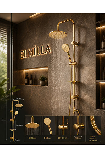 elmilla Gold Yuvarlak Robot Tepe Duş Seti Lüx Kalite