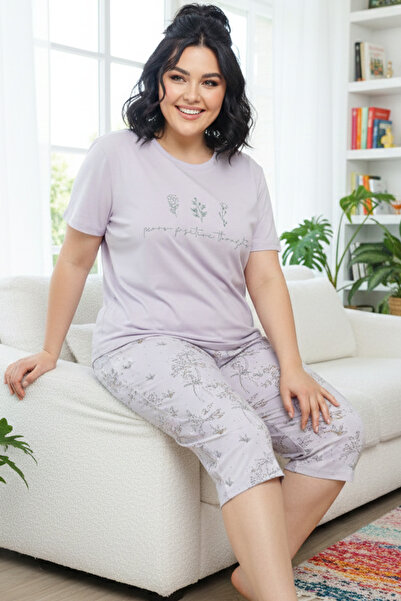 Siyah İnci Patterned Cotton Plus Size Oversized Knitted Capri Pajama Set