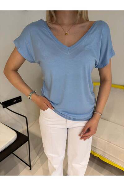 Bade Butik Blue Front and Back V-Neck Soft T-Shirt