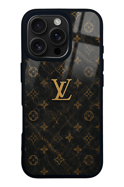 Spoyi iPhone 16 Pro Black Mermer Gold LV Tasarımlı Glossy Telefon Kılıfı