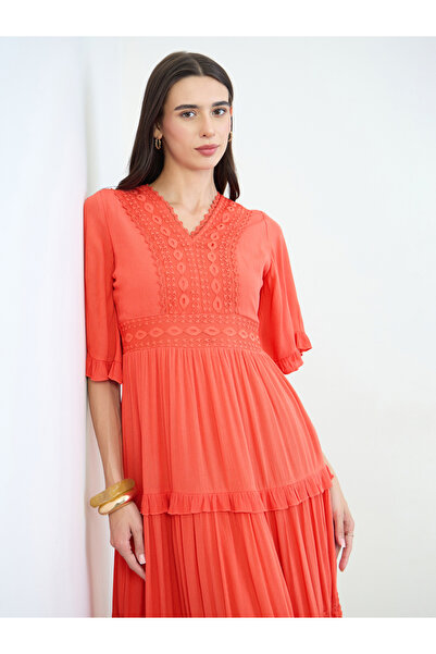 Styli Orange Lace Trim Tiered Midi Dress