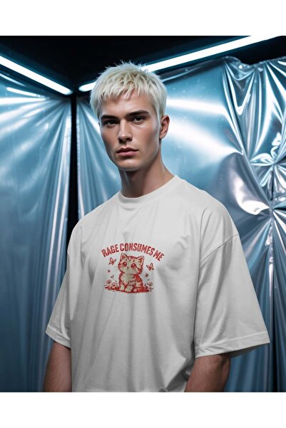 buzagi tasarım ürünleri Rage Consumes Me Unisex Oversize White T-Shirt