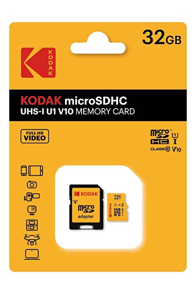 Kodak بطاقة مايكرو إس دي 32 جيجابايت UHS-I C10 U1 V10 + محول (أصفر)
