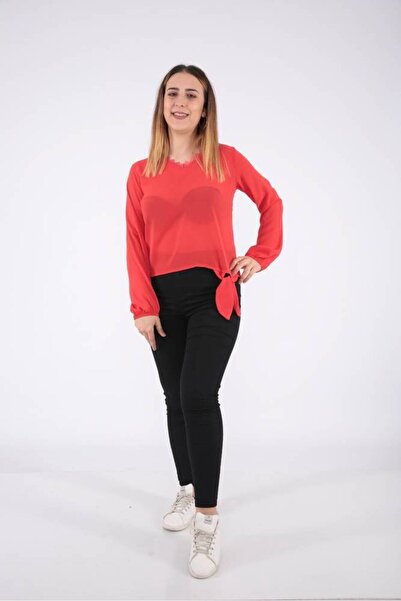 FIRST STYLE Soft Red Turkish Blouse with Long Sleeves and a Drawstring at the...
