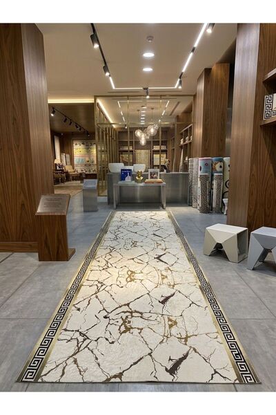 DMR Halıcılık Gold Mermer Desenli Jel Kaymaz Tabanlı Kesme Salon Koridor Mutf...