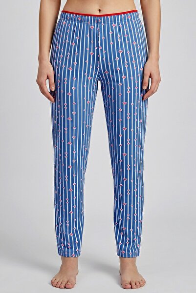 hadiora Kadın Mavi Çizgili Kalp Desenli Bambu Pijama Alt