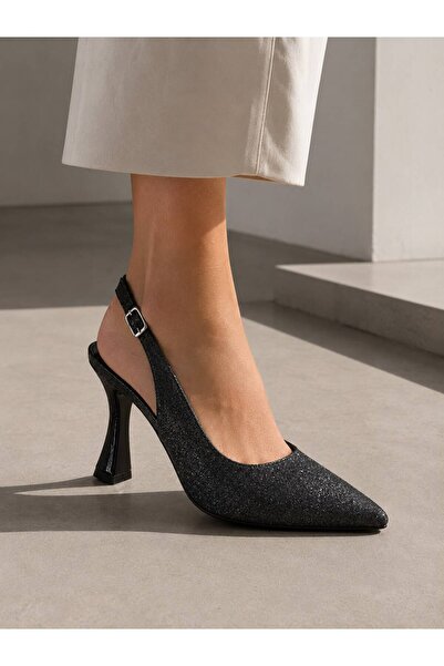 VEİLLETTO Glittery Pointed Toe Women's Stiletto Heeled Shoes Open Back Evenin...