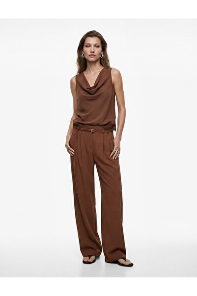 Koton Wide-Leg Satin Trousers with Pile Detail, Pockets, and Belt