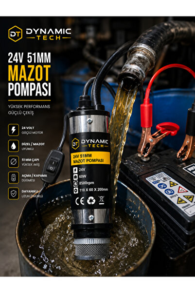 DynamicTech 24 Volt Mazot Ve Su Zeytin Yağı Vs Sıvı Aktarma Pompası Dalgıç Pompa 60 Watt 51 mm