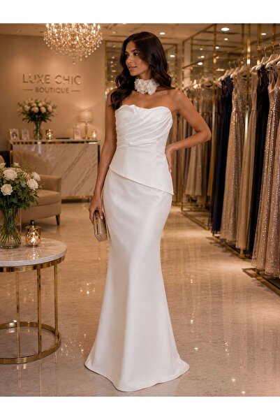 Hot Contact Strapless Fish Tail Evening Gown and Floral Collar Accessory Even...