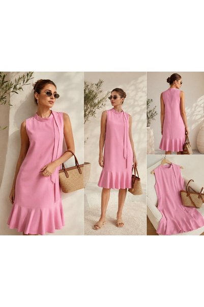 BONYVA BELLA BOUTİQUE Women's Quality Muni Pink Collar Detailed Zero Sleeve Solid Color Dress