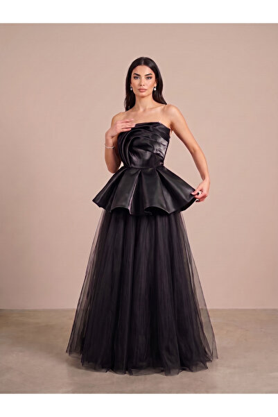 DVNA Luxury Black Evening Dress with Peplum Design in Chantone and Tulle