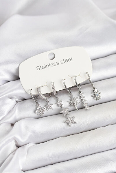Generic Brand Mey Import ®   316L Steel Silver Color Zircon Stone Star Detail...