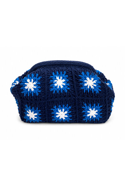 Nafta Handmade Knitted Bag Navy Blue White Granny Square Design Lined Daily W...