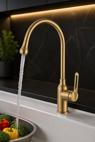 İSAOĞLU YAPI Matte Gold Vintage Kitchen Faucet Special Design Sink Fixture St...